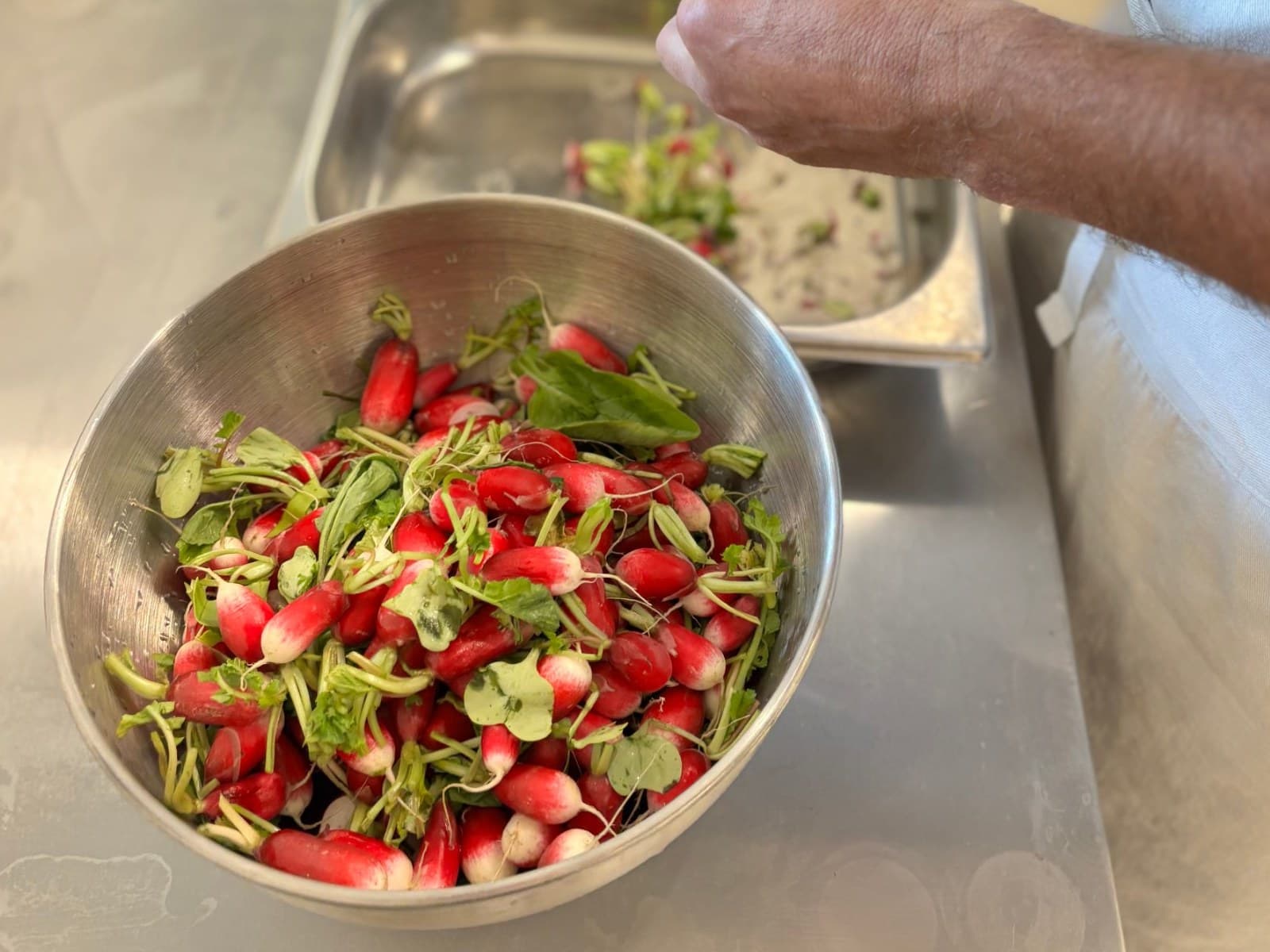 Épluchage des radis à la main dans la cuisine centrale